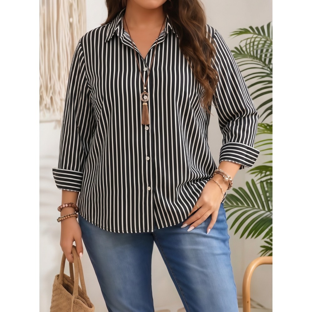 Lauren Ralph Lauren Women's Black White Pinstripe Button Down Shirt Logo Large